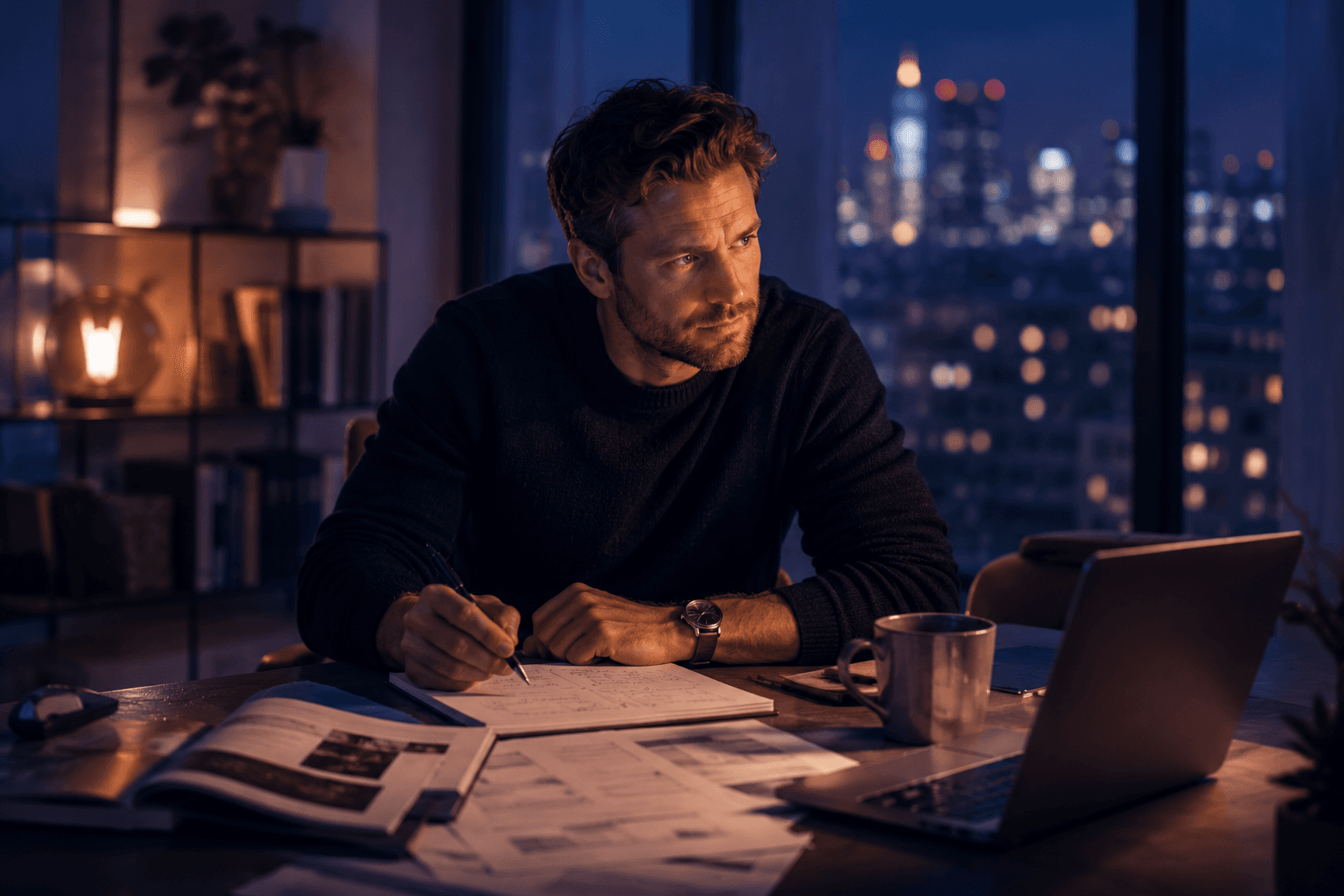 Men in motion during a career transition scene with warm city light.