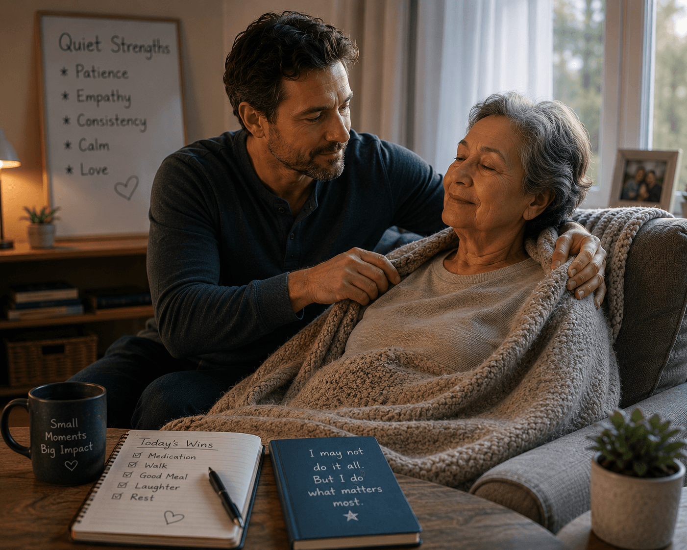 Men caregivers in a warm home scene with layered family energy.