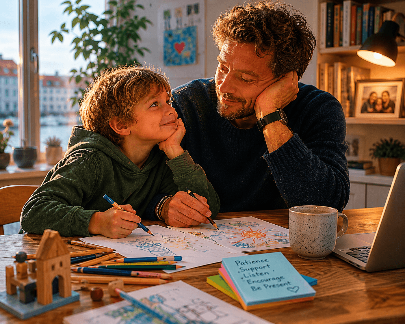 Men and children in a softly lit home scene that feels social-feed ready.